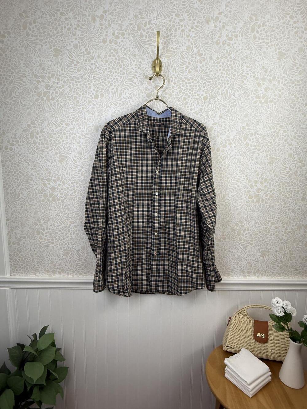 J.McLaughlin Men's Cotton Navy and Brown Plaid Button Front Shirt - Size - Large